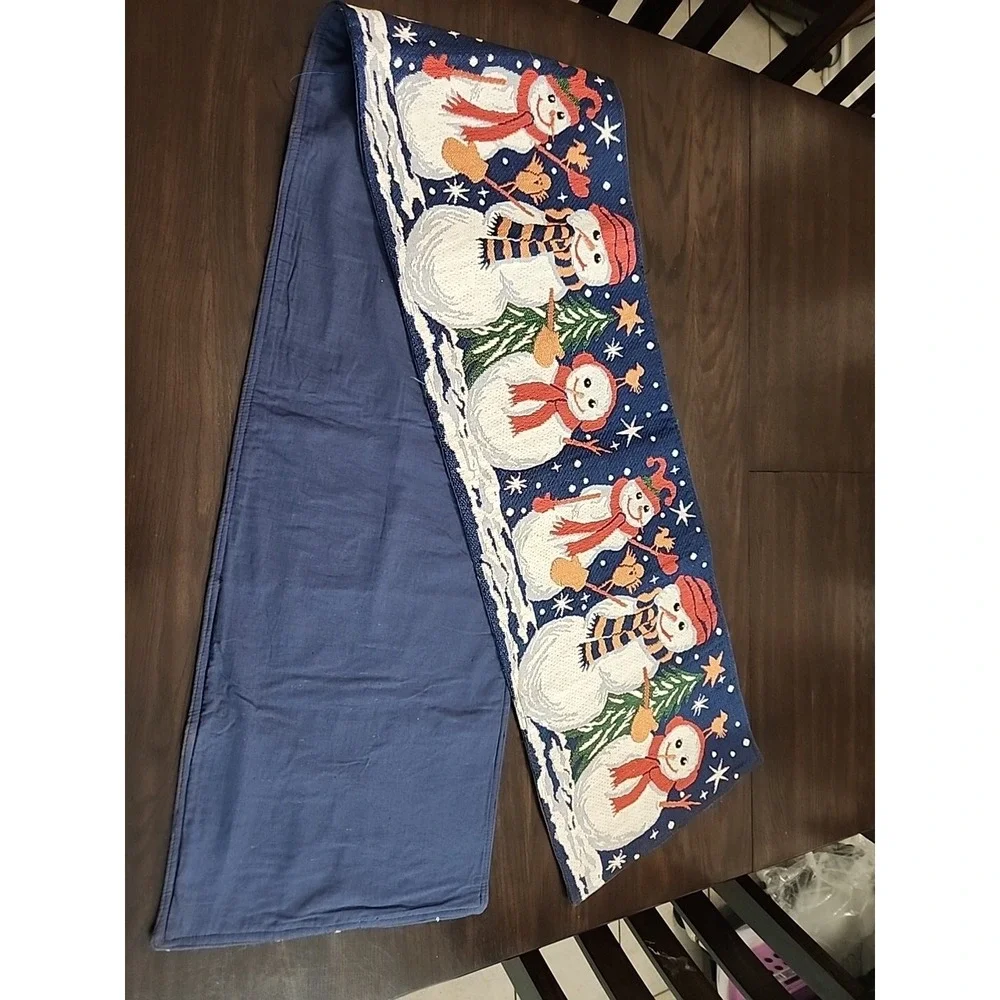 Christmas Tapestry Table Runner Snowman Winter Scene 72x13 Holiday Table Setting